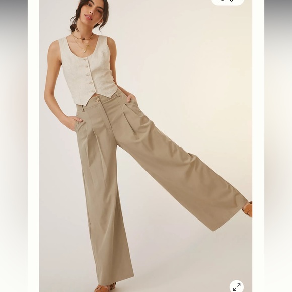 NWT Anthropologie / Amadi Pleated Wide-Leg Pants size Medium in Sand Beige Retro - Picture 2 of 11